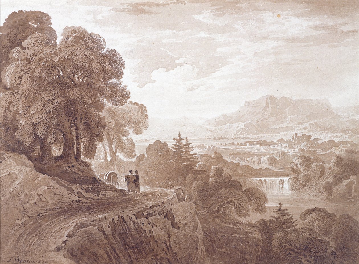 Cestovatelé na silnici nad řekou, 1821 (hnědá barva přes grafit na papíře) od John Martin