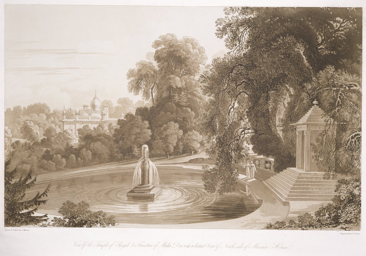 Pohled na chrám Suryah a fontánu Mahah Doo s dalekým výhledem na severní stranu Mansion House, Sezincote, vyrytý Frederickem Christianem Lewisem Snr. (1779-1856), kolem 1817-18 (září od John Martin