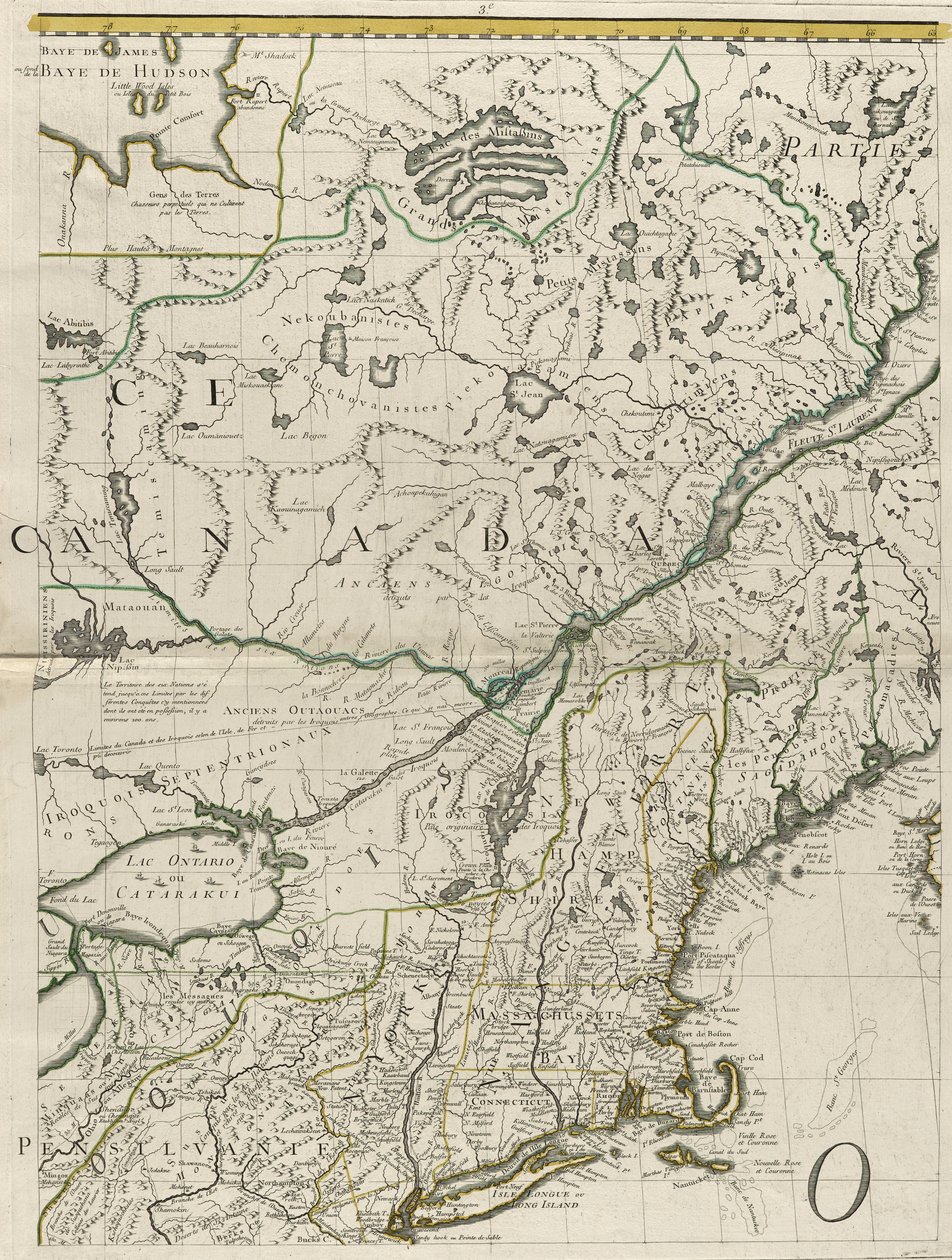 Mapa britského a francouzského panství v Americe, 1756 (rytina s obrysovou barvou na papíře) od John Mitchell