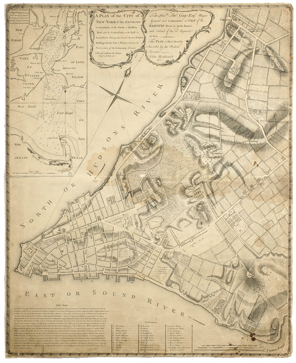 Plán města New York a jeho okolí do Greenwiche na North (Hudson) River až po Crown Point na East River, zkoumaný 1766, 1775 (litografie) od John Montresor