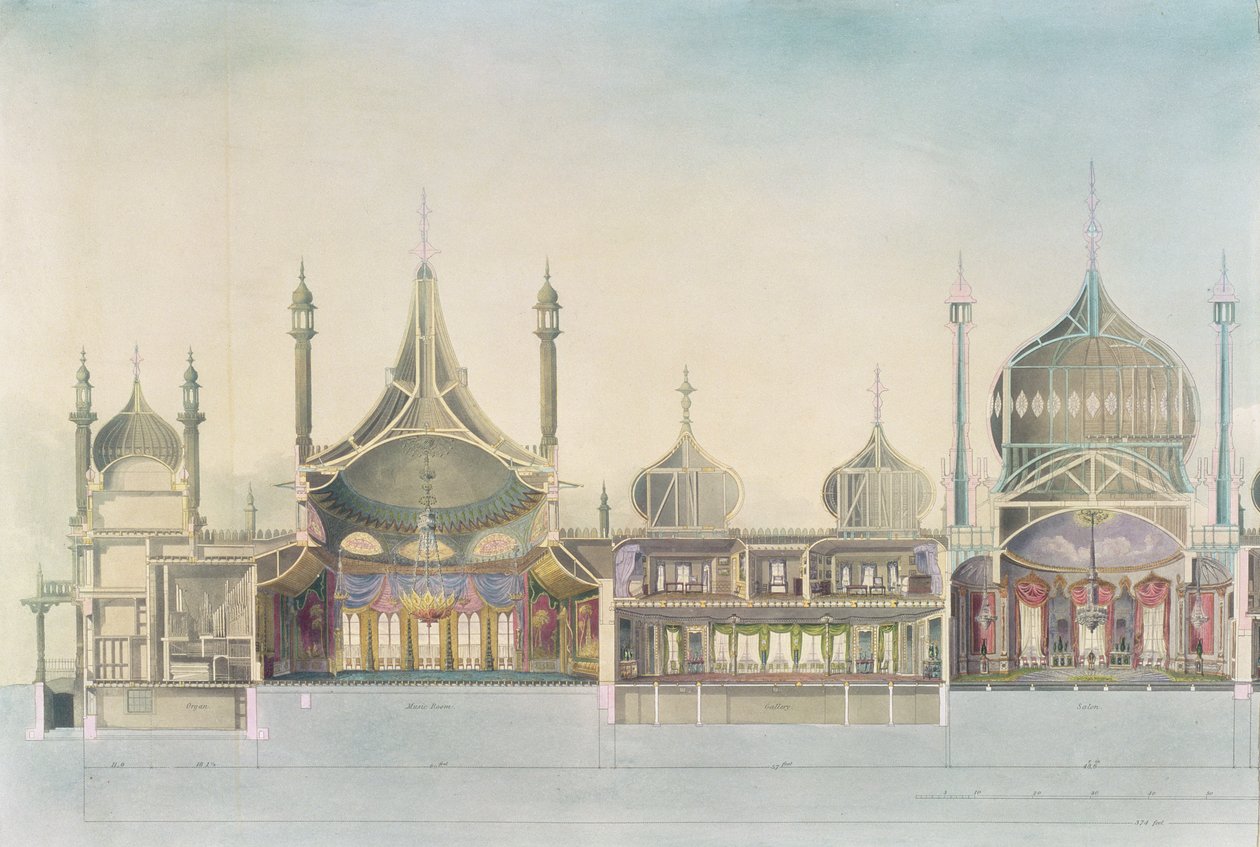 Podélný řez (zleva doprava) Varhany, hudební místnost, galerie, salon, banketní místnost, místnost Pages, kuchyně z pohledů na Royal Pavilion, Brighton, John Nash, 1826 (tisk) od John Nash