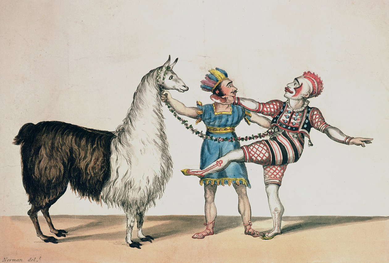 Grimaldi a alpaka, v populární pantomimě Červeného trpaslíka, hospoda. 1813 v Londýně od John Norman