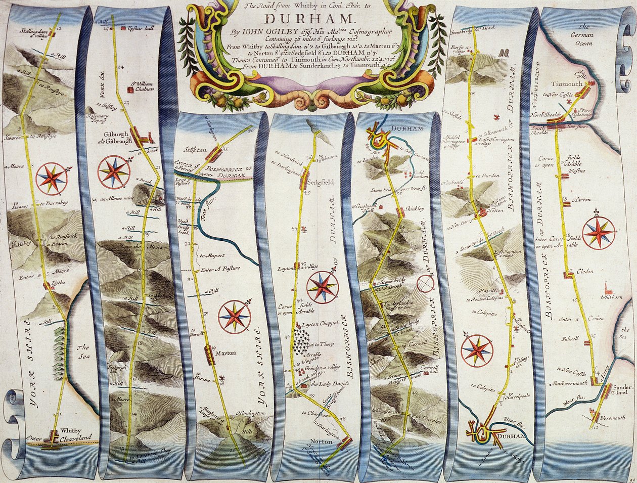 Cesta z Whitby do Durhamu, z knihy Johna Ogilbyho ‚Britannia‘, vydané v Londýně, 1675 od John Ogilby