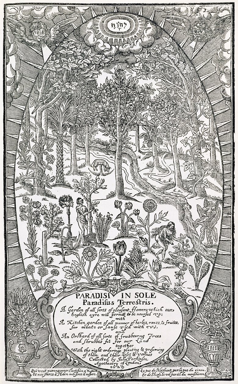 Titulní list z knihy Paradisi Sole; Paradisus Terrestris, 1629 od John Parkinson