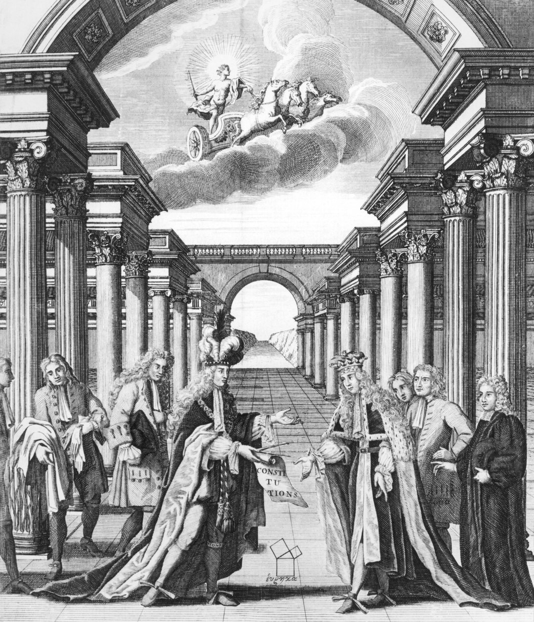 Ústavy svobodného zednářství od Jamese Andersona, frontispis, publikovali John Senex a John Hook, Londýn, 1723 od John Pine