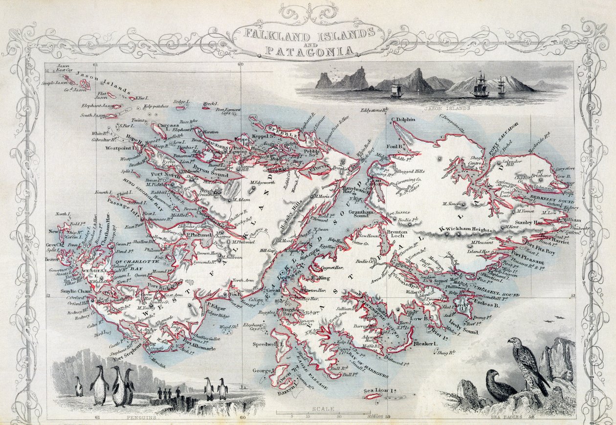 Falklandské ostrovy a Patagonie, ze série map světa vydaných Johnem Tallis und Co., New York und London, 50. léta 19. století od John Rapkin