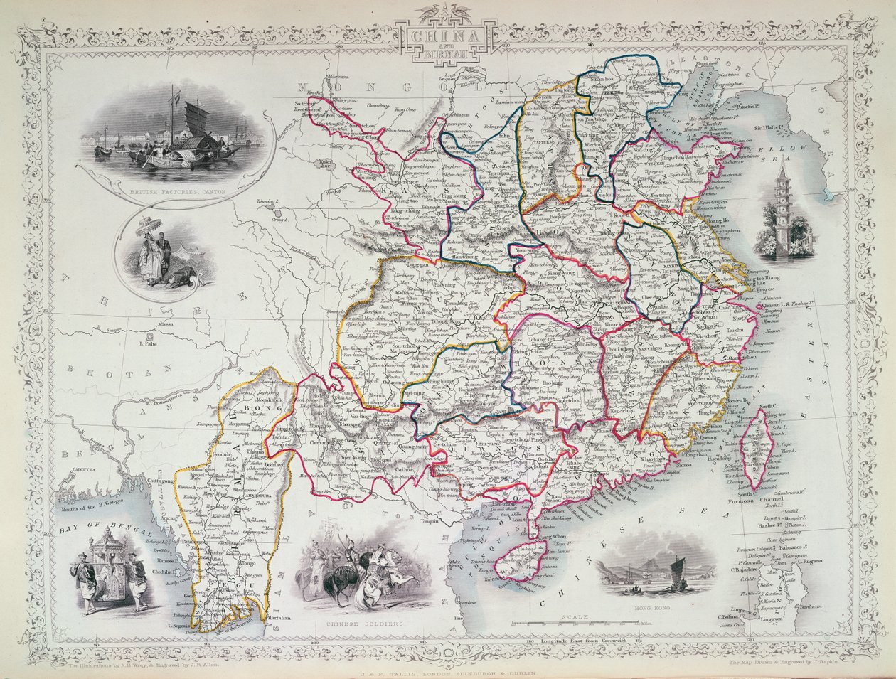 Mapa Číny a Birmy, 1851 (barevná rytina) od John Rapkin