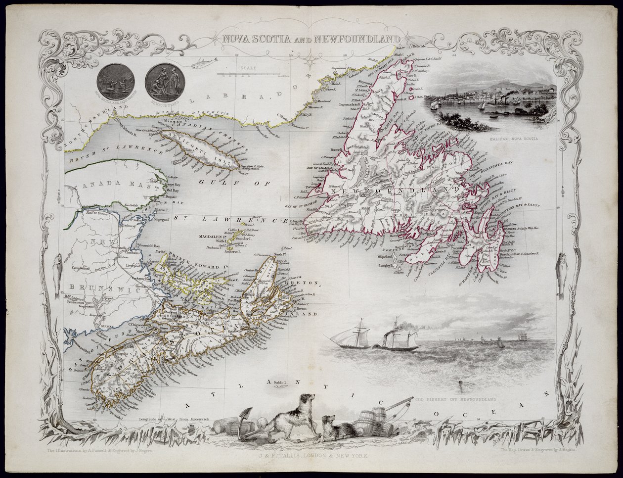 Nové Skotsko a Newfoundland, ze série map světa vydaných společností John Tallis und Co., New York a Londýn, 50. léta 19. století od John Rapkin