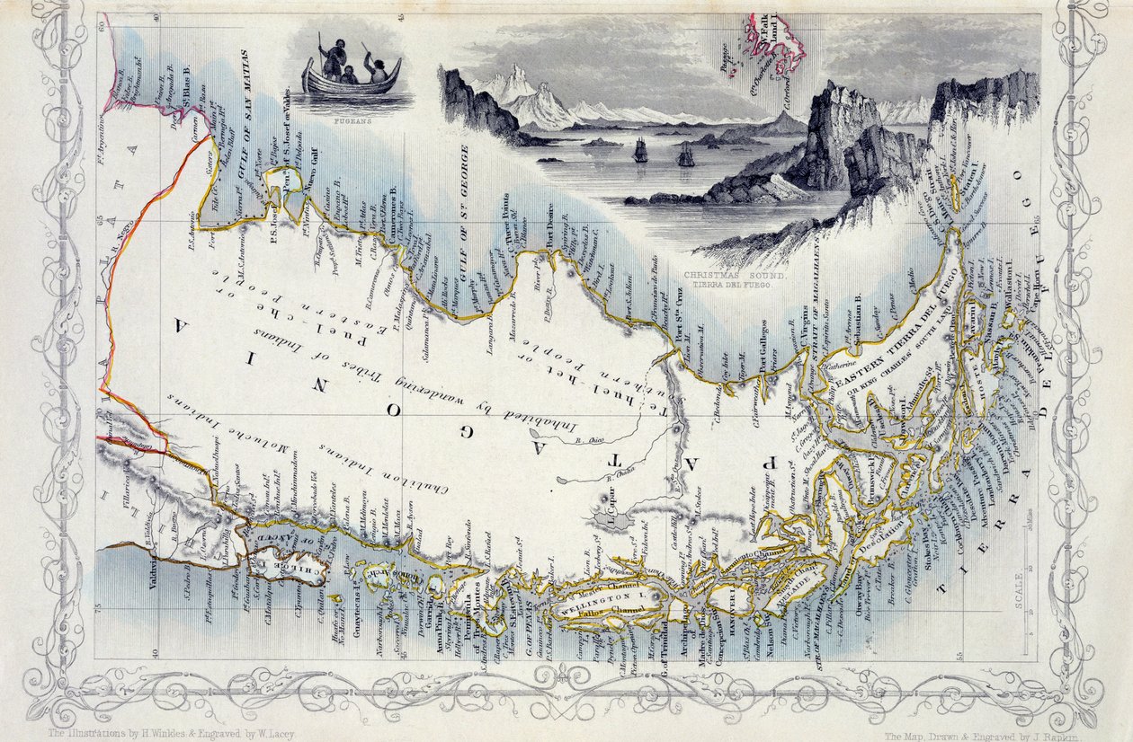 Patagonia, ze série map světa publikovaných Johnem Tallis und Co., New York und London, 50. léta 19. století od John Rapkin