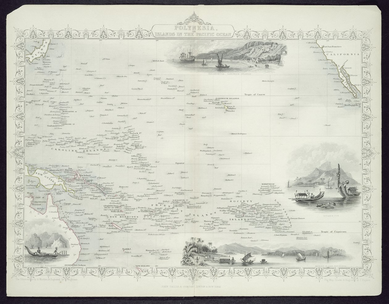 Polynésie nebo ostrovy v Tichém oceánu, ze série map světa od John Tallis und Co., New York a Londýn, 50. léta 19. století od John Rapkin