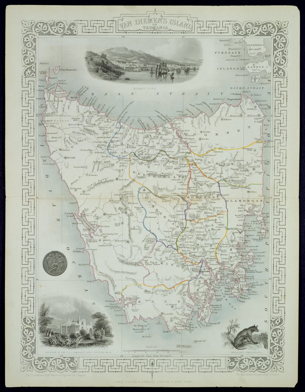 Van Diemenův ostrov nebo Tasmánie, ze série map světa vydané Johnem Tallis und Co., Londýn a New York, 50. léta 19. století od John Rapkin