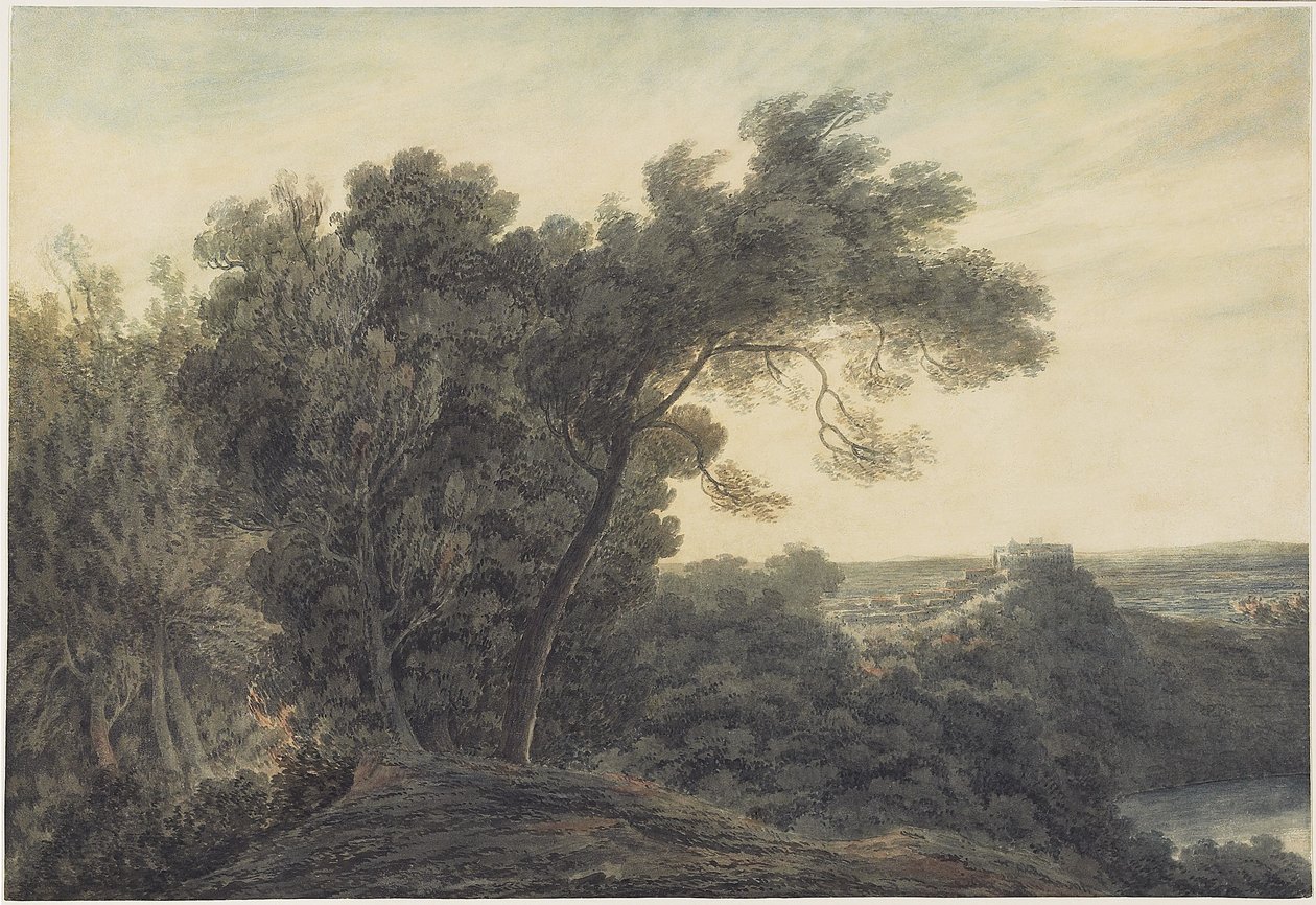 Jezero Albano a Castel Gandolfo, kolem roku 1778 (wc přes grafit na tkaném papíře) od John Robert Cozens
