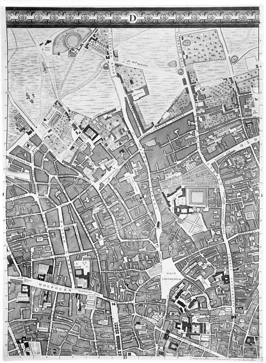 Mapa Clerkenwell, City of London, 1746 od John Rocque