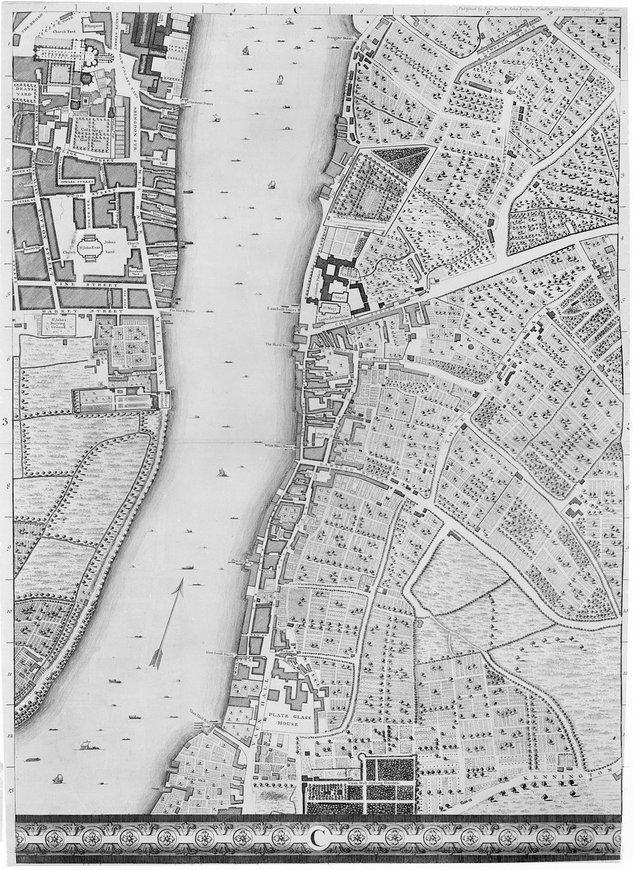 Mapa Lambeth a Vauxhall, Londýn, 1746 od John Rocque
