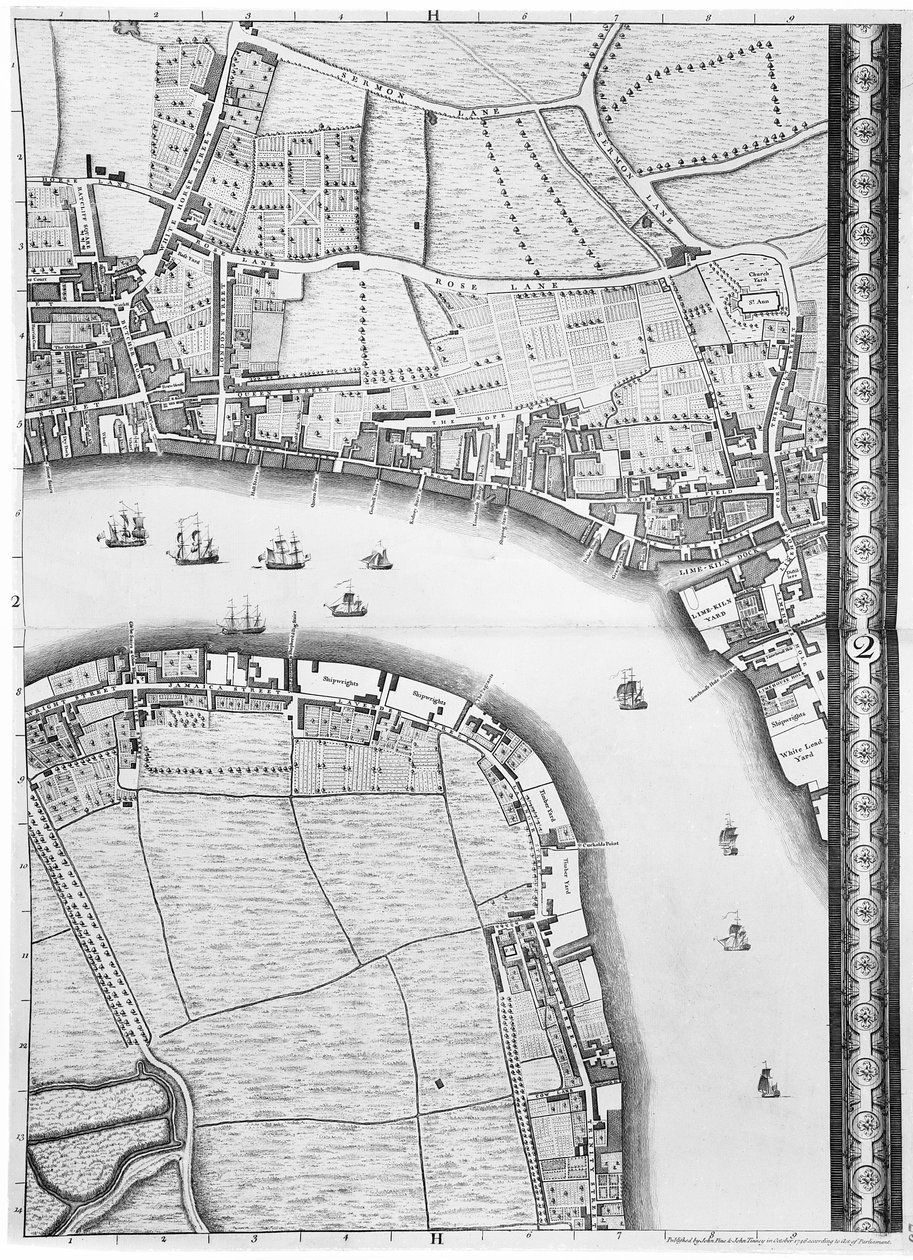 Mapa Limehouse a Rotherhithe, Londýn, 1746 od John Rocque
