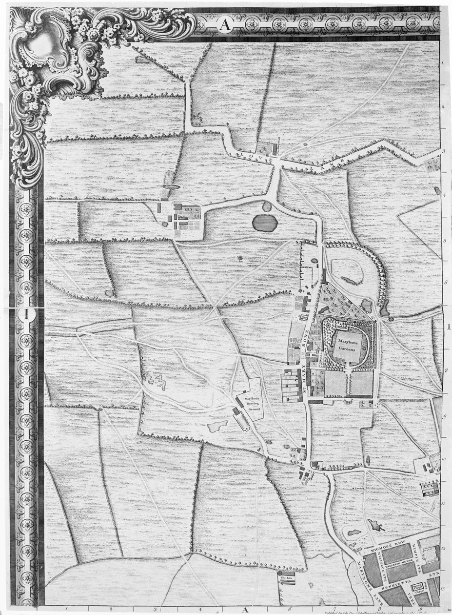 Mapa Marylebone, Londýn, 1746 od John Rocque
