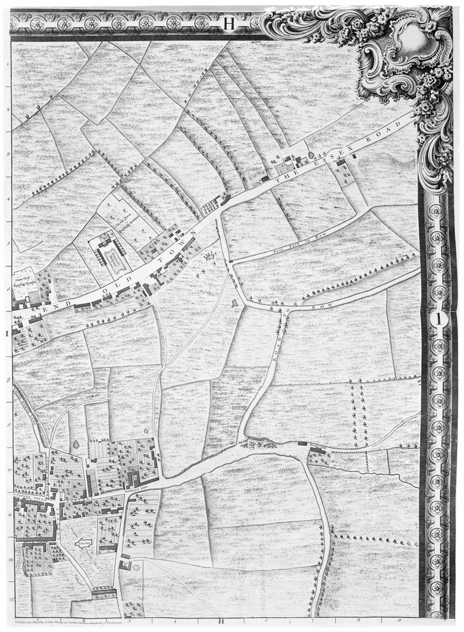 Mapa Mile End a Stepney Green, Londýn, 1746 od John Rocque