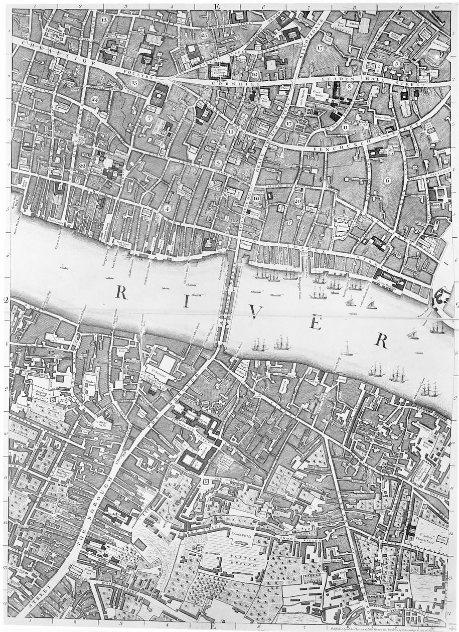 Mapa Old London Bridge, Londýn, 1746 od John Rocque