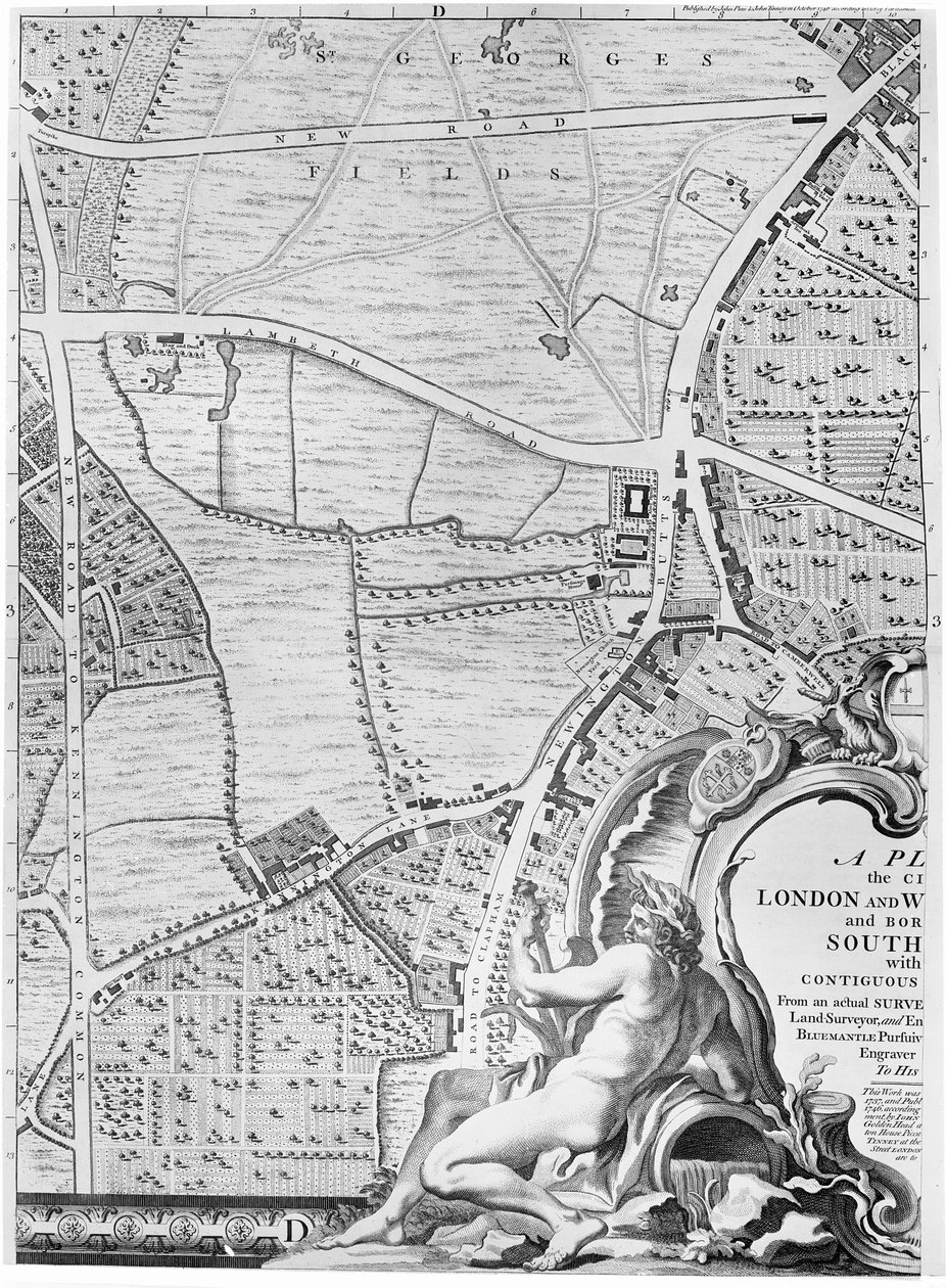 Mapa St Georges Fields a Newington Butts, Londýn, 1746 od John Rocque