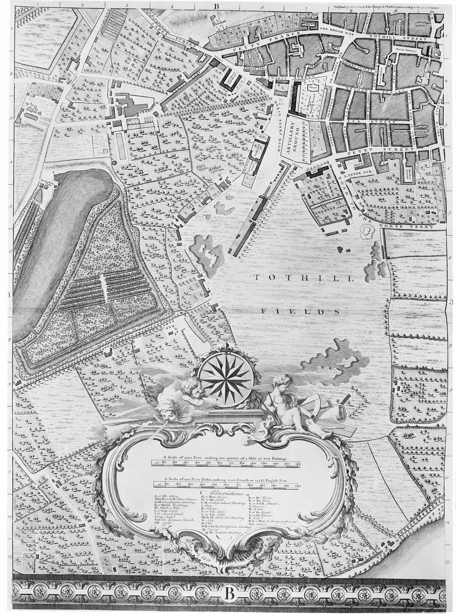 Mapa Tothill Fields, Londýn, 1746 od John Rocque