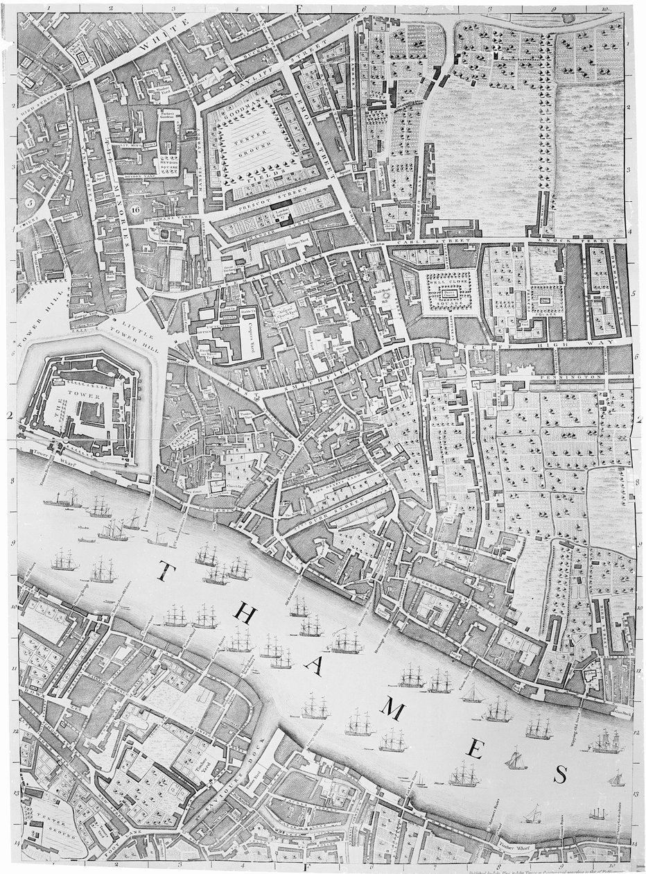 Mapa Tower of London, 1746 od John Rocque