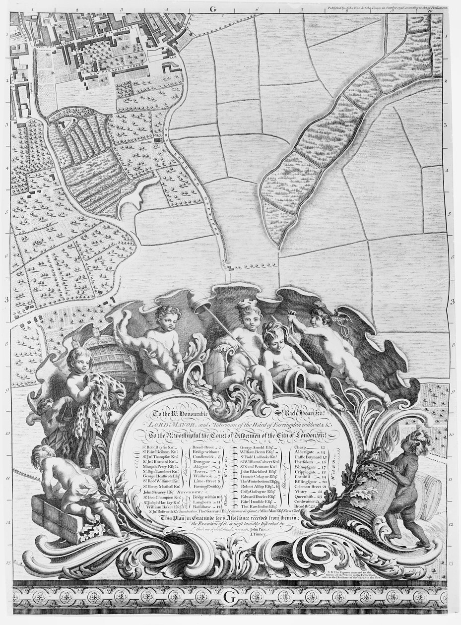 Nápis z Rocqueovy mapy Londýna se seznamem městských radních a jejich oblastí, 1746 od John Rocque