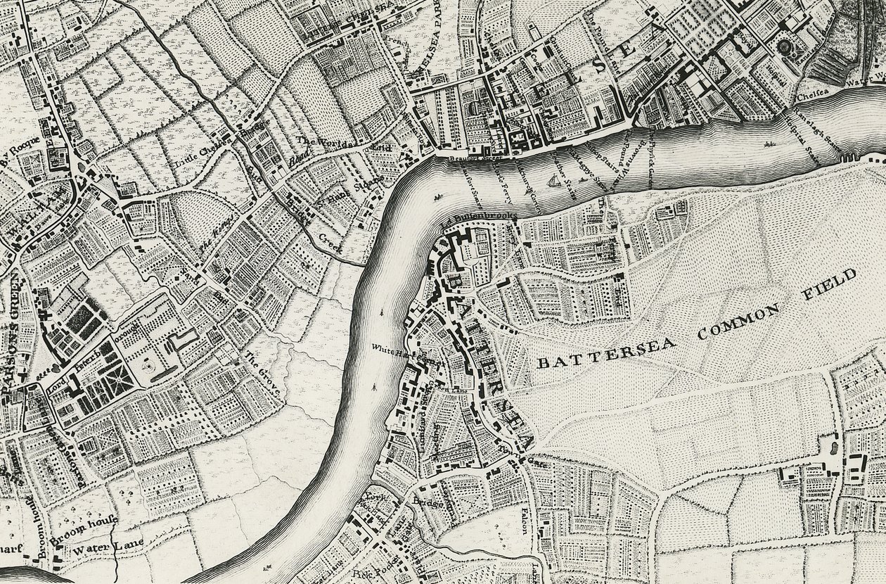 Mapa Battersea & Chelsea, 1748 od John Rocque