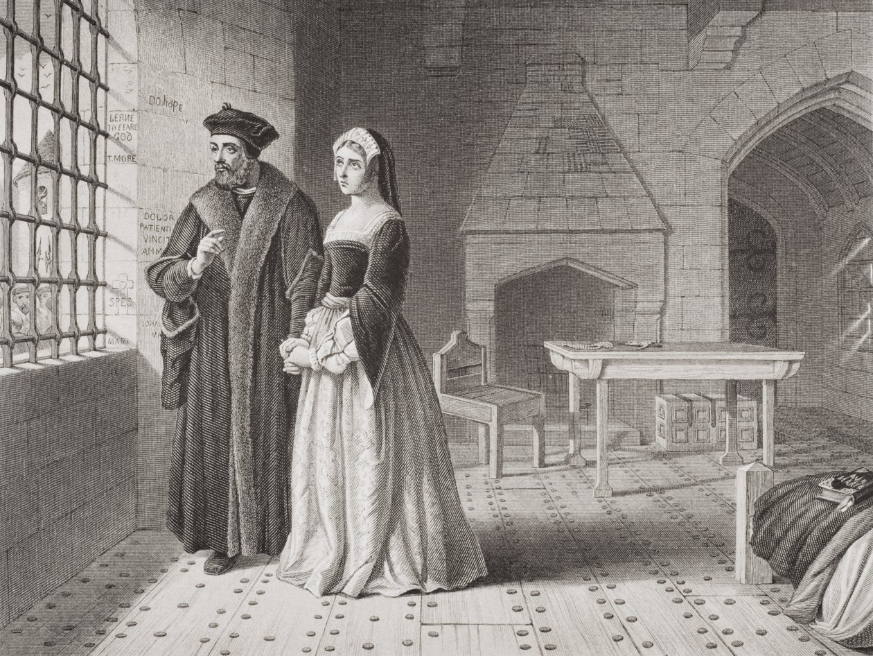 Sir Thomas More (1477-1535) a jeho dcera Margaret pozorují z okna vězení mnichy jdoucí na popravu, z "Ilustrací k anglickým a skotským dějinám", I. díl od John Rogers Herbert