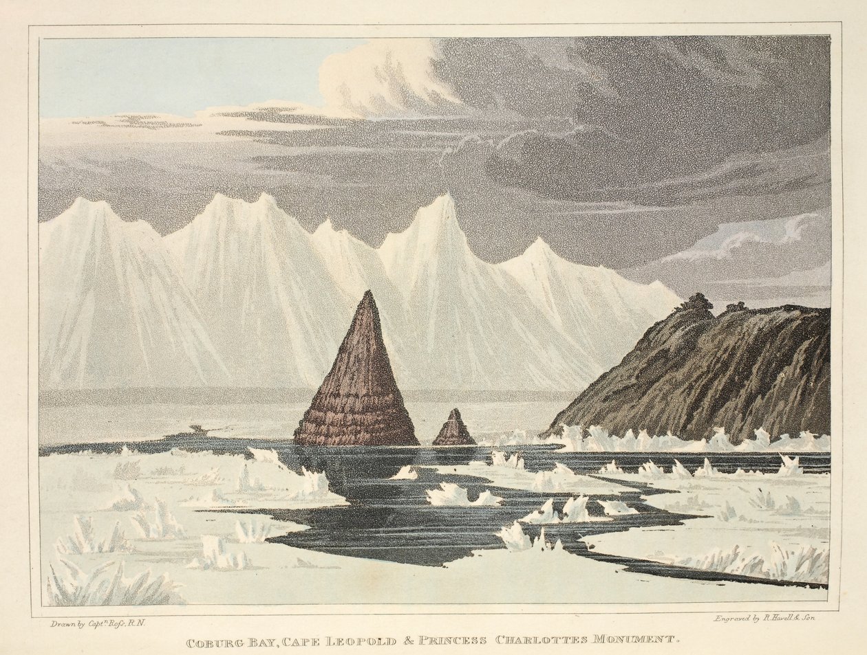 Coburg Bay, Cape Leopold a památník princezny Charlotte, ilustrace z 