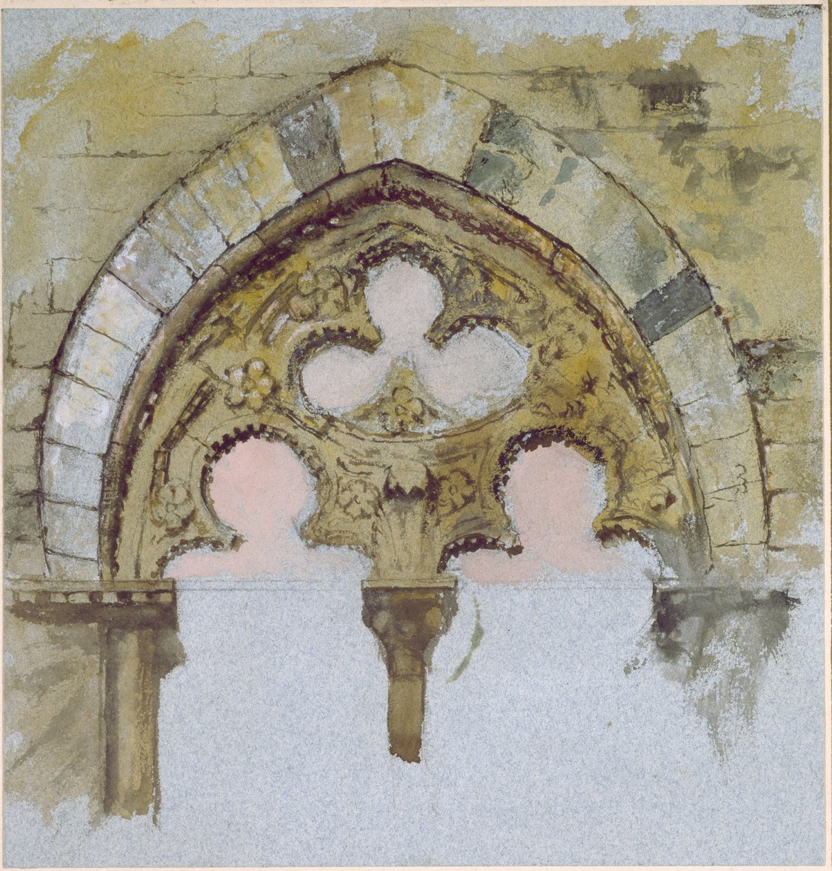 Okno Palazzo Tolomei, Siena, ukazující hrubé a nesymetrické umístění masivních kamenů, 25. - 27. června 1870 (akvarel a tělová barva přes grafit na modrém tkaném papíře) od John Ruskin