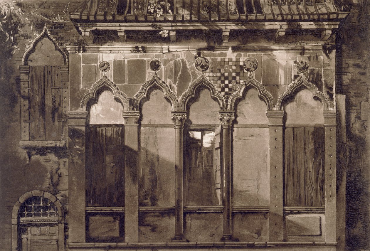 Arabská okna, In Campo Santa Maria Mater Domini, z „Příklady architektury Benátek“ od Johna Ruskina, akvatinta od Thomase Luptona, 1851 (akvatinta) od John Ruskin