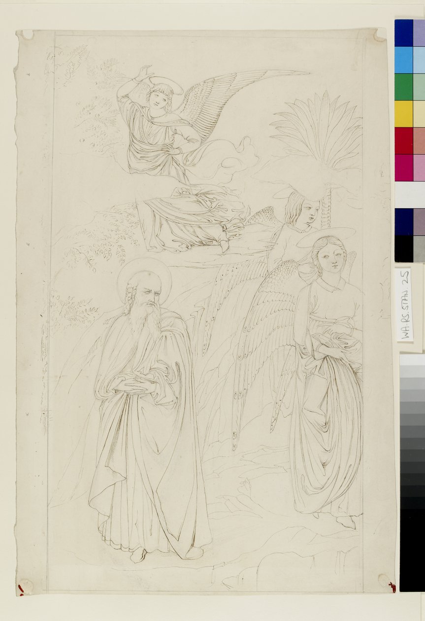 Kresba Abrahama loučícího se s anděly z příběhu Benozza Gozzoliho o Abrahamovi a Hagar v Camposanto, Pisa, 14. - 15. května 1845 (pero a inkoust přes grafit na tkaném papíře) od John Ruskin