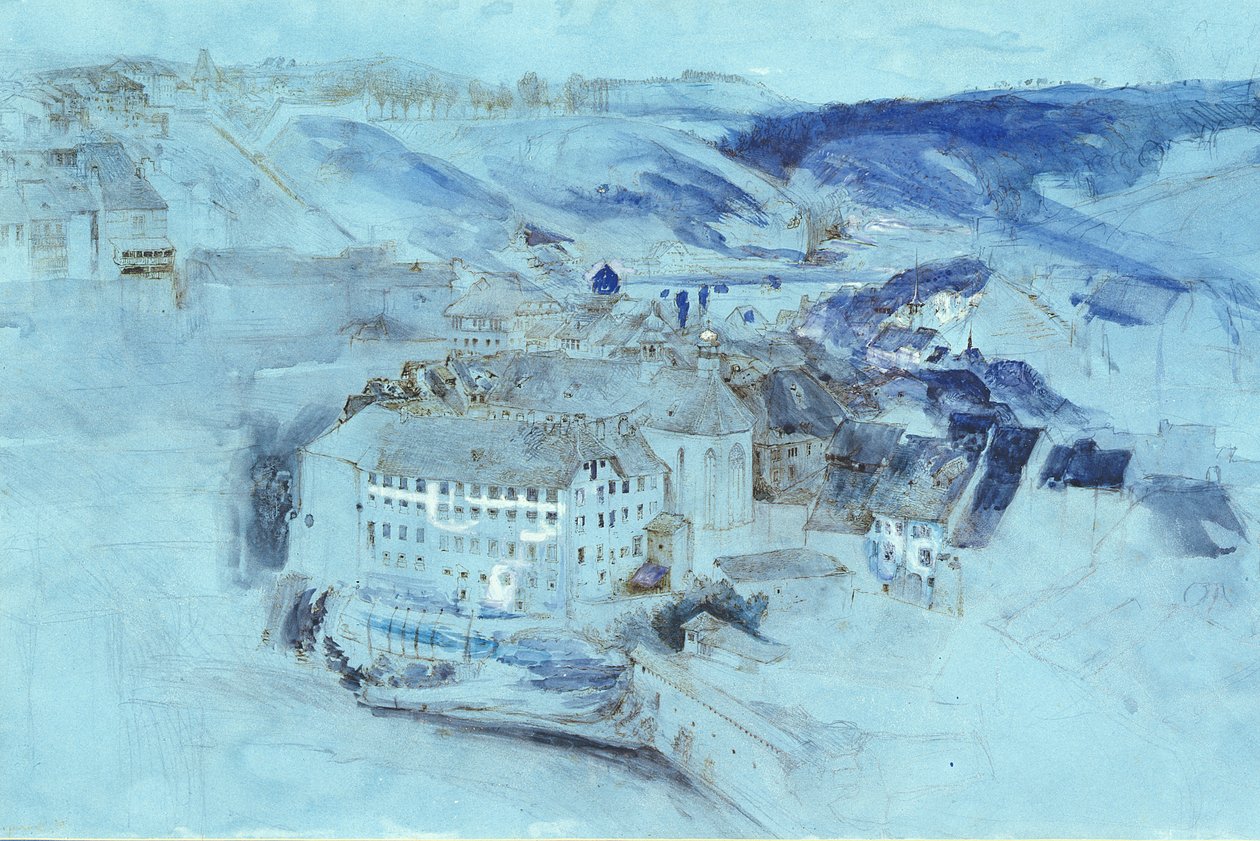 Fribourg (toaleta a kvaš na modrém papíře) od John Ruskin