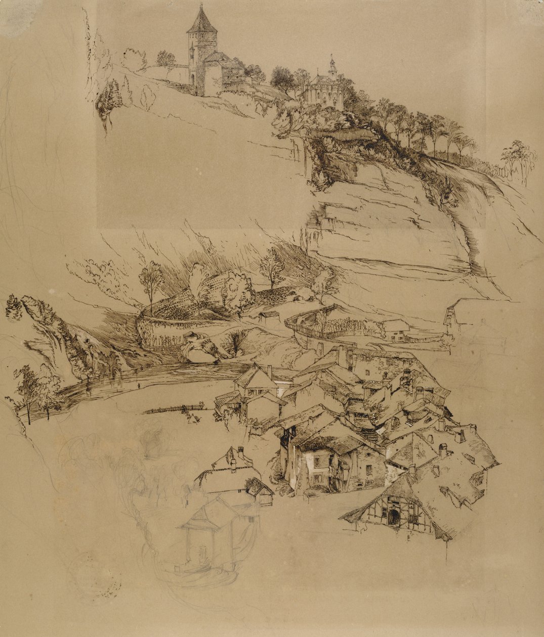 Fribourg, Švýcarsko: Náčrt pera, červenec nebo srpen - září 1856 (pero a grafit s bílou barvou těla na hnědém tkaném papíře) od John Ruskin