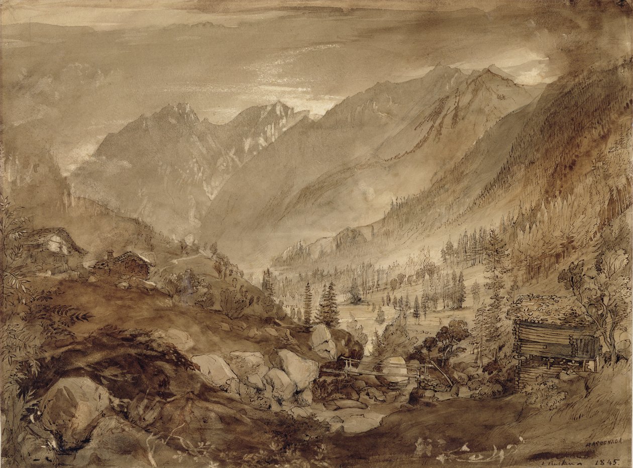 Mountain Landscape, Macugnaga, 1845 (pero a hnědý inkoust a pero tužkou na papíře) od John Ruskin