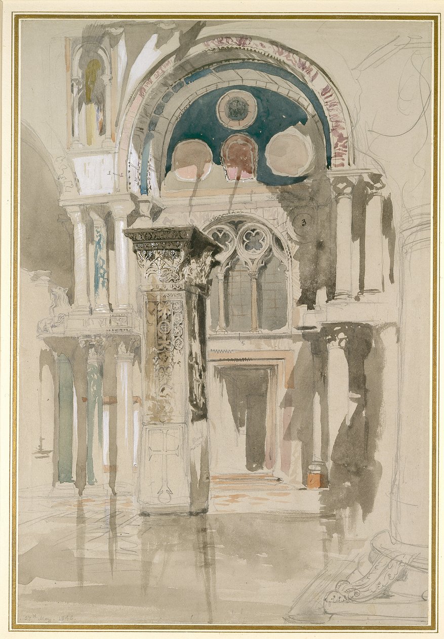 Část baziliky svatého Marka v Benátkách: (akvarel, tělová barva a tuš na šedém vliesovém papíře), 27. května 1846. od John Ruskin