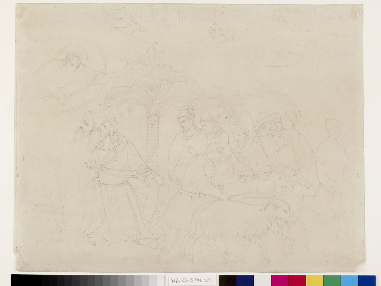 Tužka obrys části fresky Přátel Joba v Camposanto, Pisa, připisované Taddeu Gaddimu, 14. - 16. května 1845 (grafit na tkaném papíře) od John Ruskin
