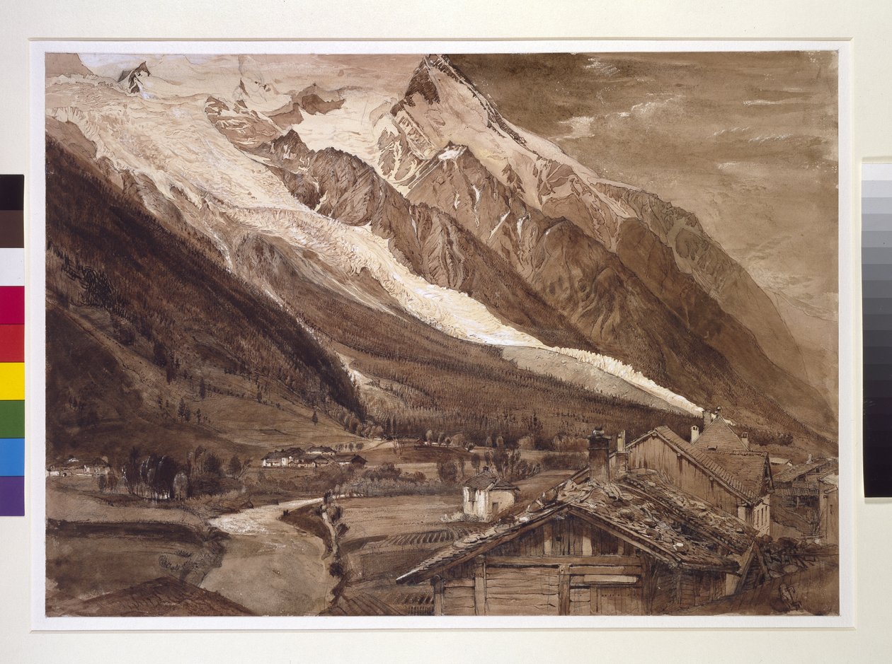 Recto: The Glacier des Bossons, Chamonix, červen 1849 (pero a mytí v sépiovém inkoustu a tělové barvě, přes grafit na tkaném papíře) od John Ruskin
