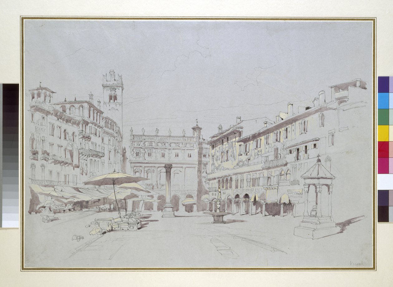 Studie pro detail náměstí Piazza delle Erbe, Verona, 19. května 1841 grafit s akvarelem a tělovou barvou na šedém papíře od John Ruskin