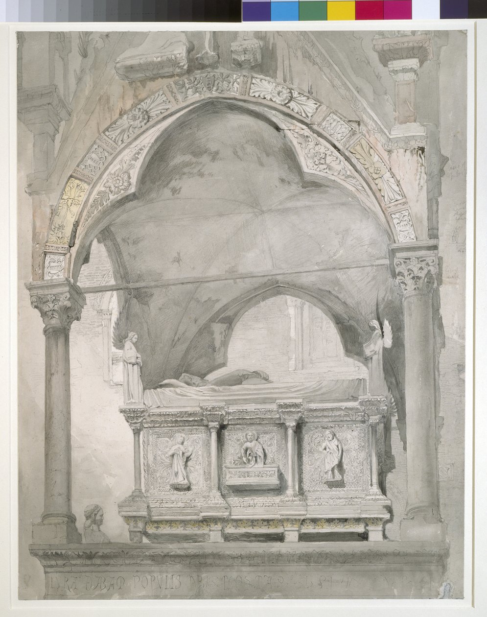 Studie pro detail sarkofágu a baldachýnu hrobky Mastina II della Scala ve Veroně, 1852 grafit a akvarel na tkaném papíře od John Ruskin