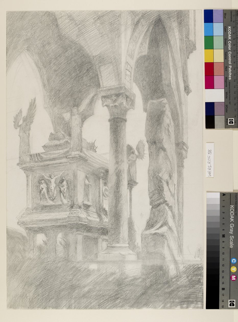 Studie pro generála šerosvitu sarkofágu a baldachýnu hrobky Mastina II della Scala ve Veroně, c. 1869 (grafit na papíře) od John Ruskin