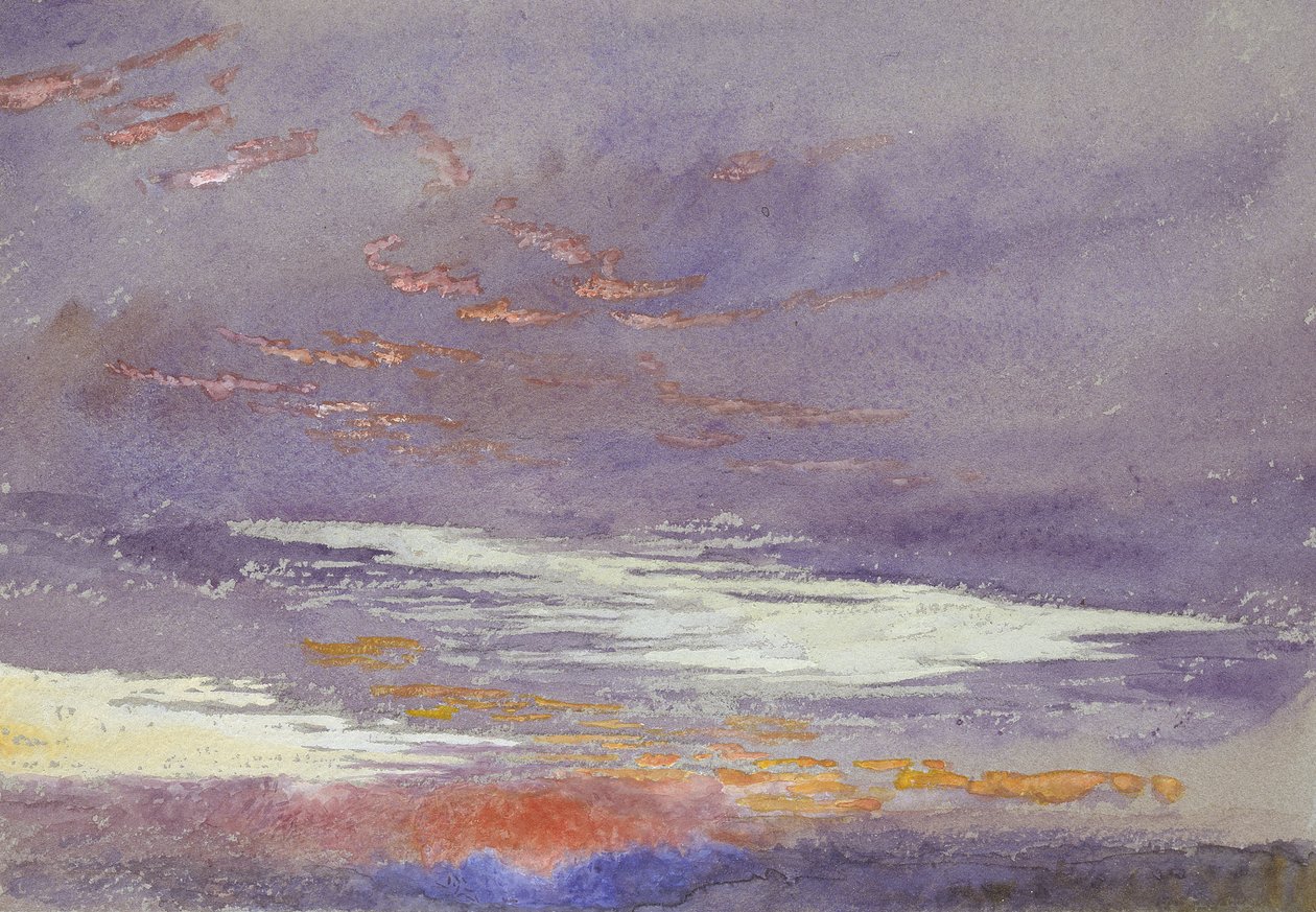 Study of Dawn: purple Clouds, březen 1868 (akvarel a tělová barva přes slabé grafitové čáry na modrošedém papíře) od John Ruskin