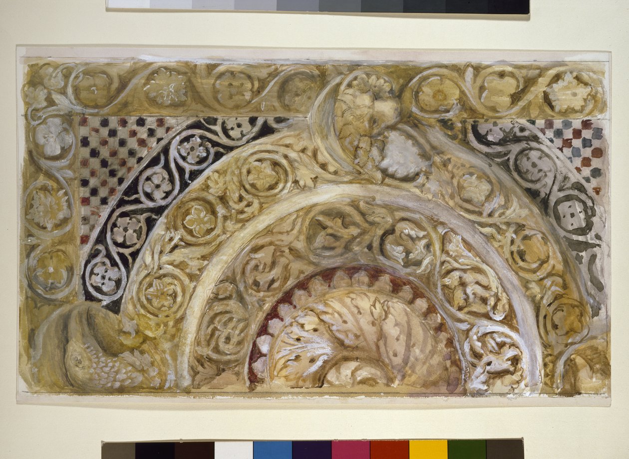 Studie panelu o písmu baptisteria, Pisa, 27. - 29. dubna 1872 (akvarel a tělová barva přes grafit na tkaném papíře) od John Ruskin