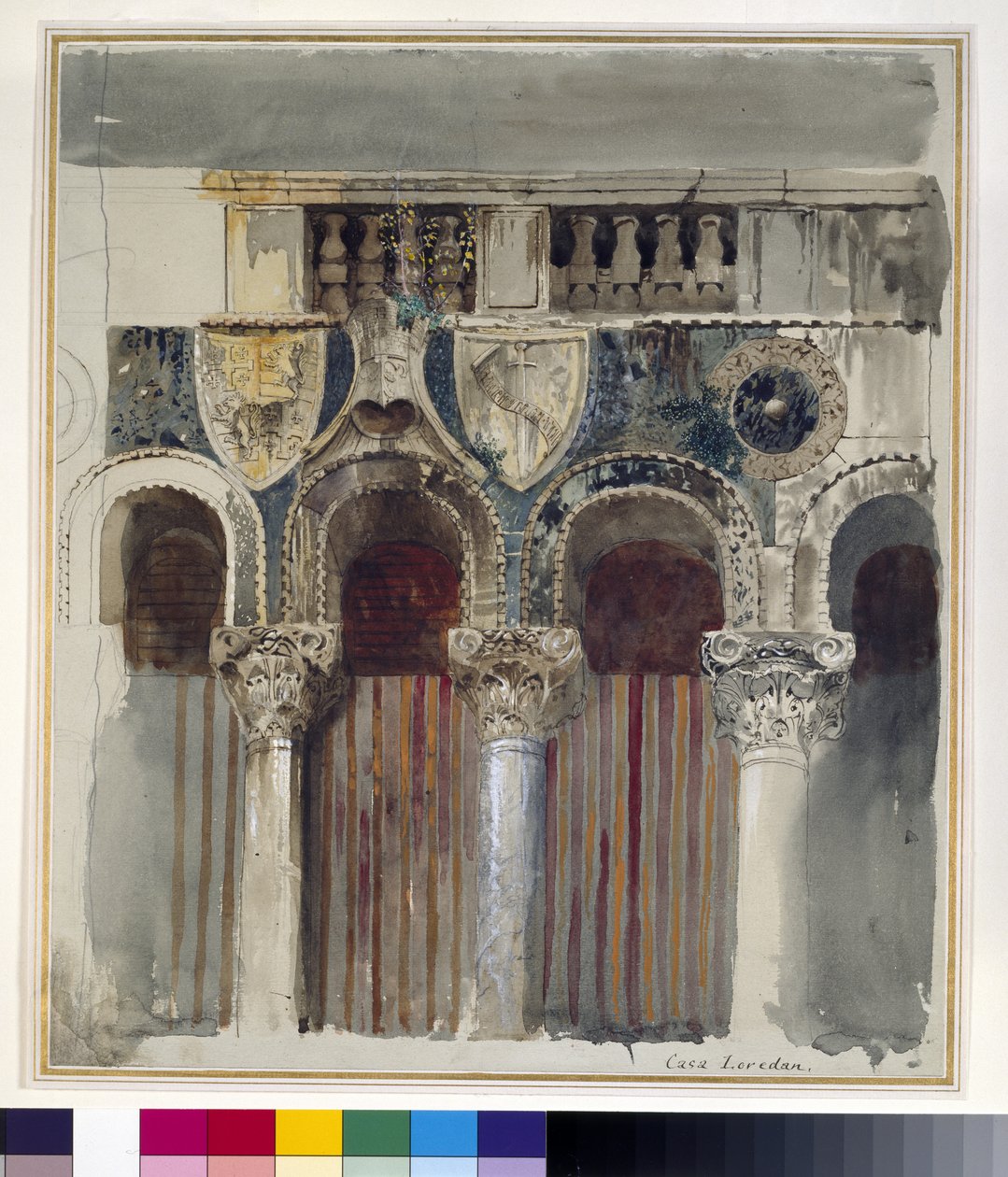 Studie mramorové intarzie na průčelí Casa Loredan, Benátky, září - říjen 1845 (akvarel, tělová barva a pero a inkoust přes grafit na světle šedý tkaný papír) od John Ruskin