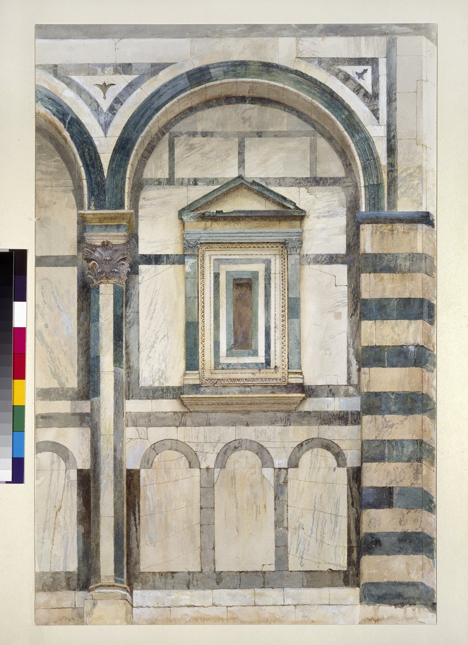 Baptisterium, Florencie: Studie horní části pravého oddělení na jihozápadní fasádě, 1. - 14. června 1872 (akvarel a tělová barva přes grafit na tkaném papíře) od John Ruskin