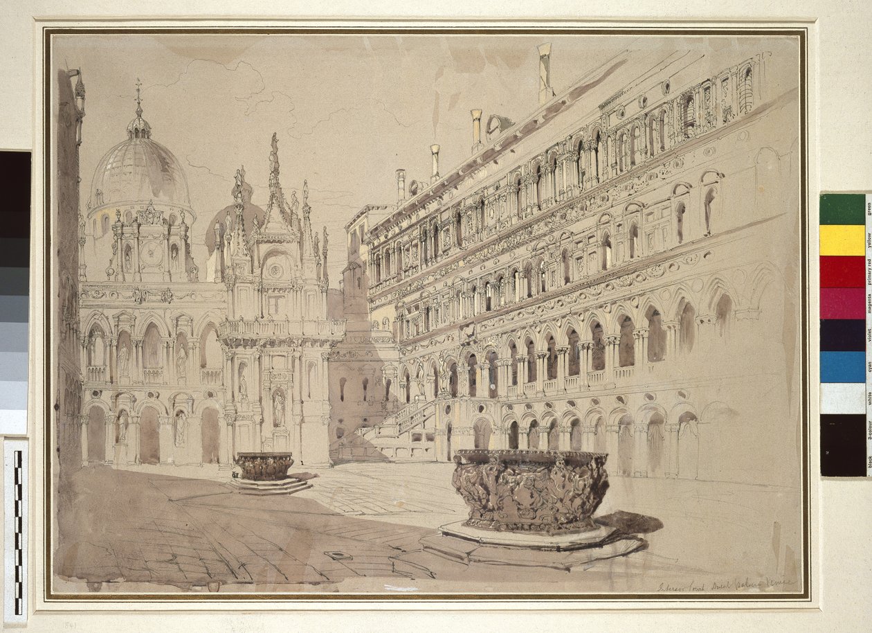 Dvůr vévodského paláce, Benátky, květen 1841 (grafit, akvarel, tělová barva a pero a inkoust na světle šedém tkaném papíře) od John Ruskin