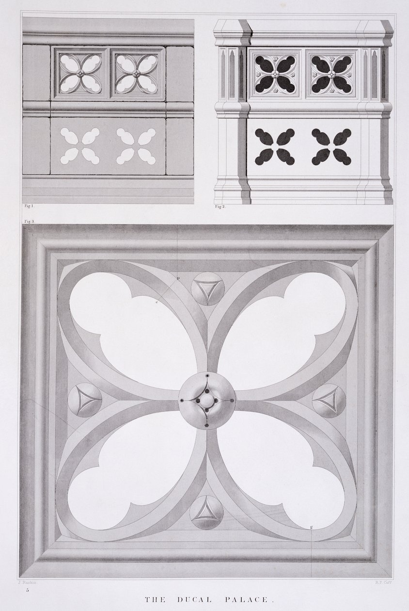 Vévodský palác, prostory jižního balkónu, z „Příklady architektury Benátek“ od Johna Ruskina, akvatinta od R. P. Cuffa, 1851 (akvatinta) od John Ruskin