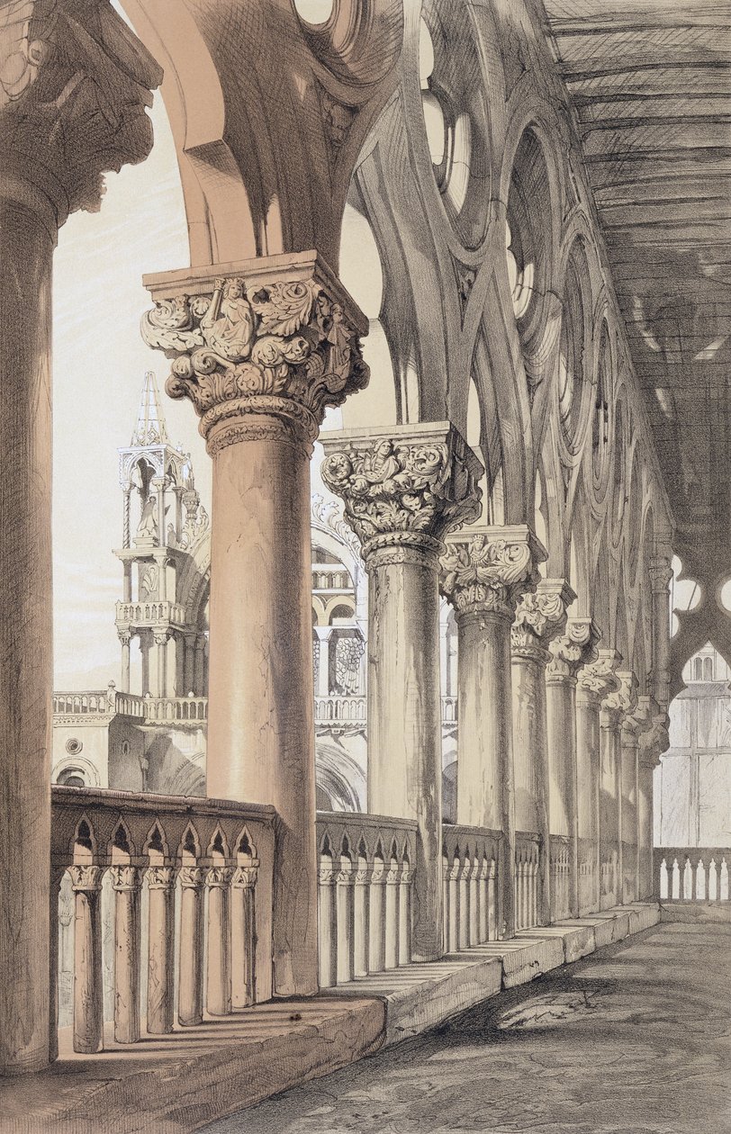 Vévodský palác, renesanční hlavice lodžie, z knihy Johna Ruskina "Příklady benátské architektury", vyryl G. Rosenthal, 1851 od John Ruskin