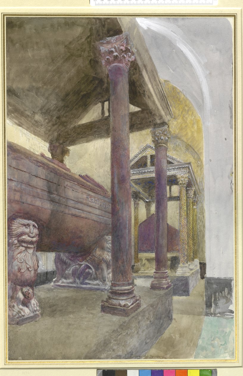 Hrob Fridricha II. v katedrále v Palermu, 23. - 30. dubna 1874 (akvarel a tělová barva přes grafit na papíře) od John Ruskin