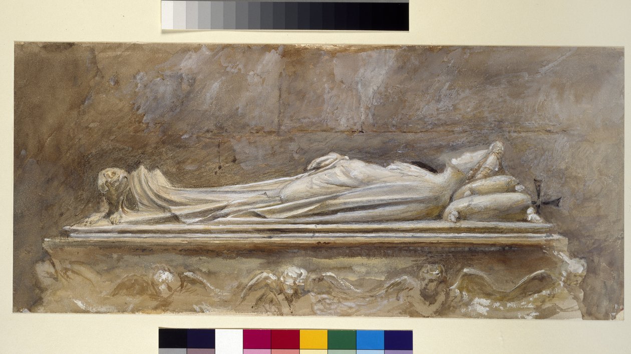 Hrobka Ilaria del Carretto v Duomo, Lucca, 10. srpna - 26. září 1874 (akvarel a tělová barva přes grafit na papíře, některé čáry vládly) od John Ruskin